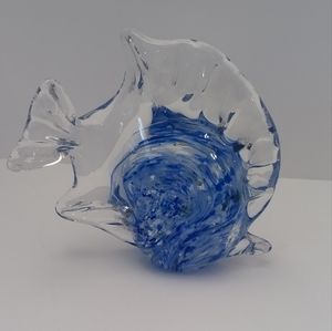 Hand Blown Glass Fish Paperweight Murano Cobalt Blue & White Swirls 4"x6"